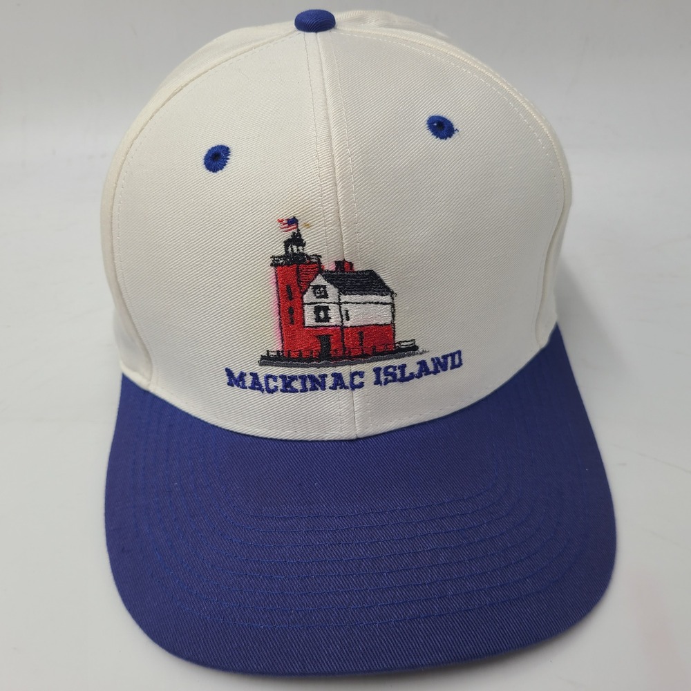 Vintage Mackinac Island Hat‎ Snapback White Blue Michigan Lighthouse Logo Men